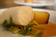 Photo  C. Saenkhamlue & Co KB --- Baked halibut, langoustine sauce and savoy cabbage sauted in dill