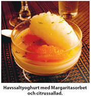 Havssaltyoghurt med Margaritasorbet och citrussallad. Foto: Stefan Tkatjenko